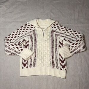 PILCRO Women Cropped Wool Blend Sweater M Petite Cream Burgundy 1/4 Zipper Neck